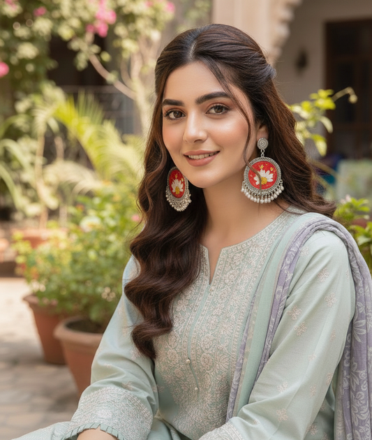 Handmade Resin Floral Earrings with Red Beads & Silver Detailing