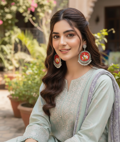 Handmade Resin Floral Earrings with Red Beads & Silver Detailing