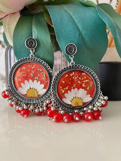 Handmade Resin Floral Earrings with Red Beads & Silver Detailing