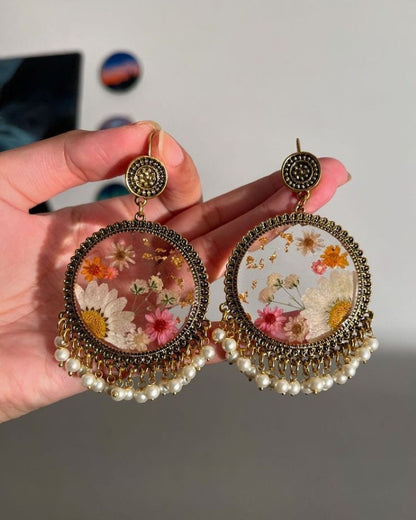 Handmade Resin Floral Jhumka Earrings with Pearls | Boho Statement Jewelry for Women